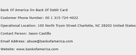 Bank Of America On Back Of Debit Card Phone Number Customer Service