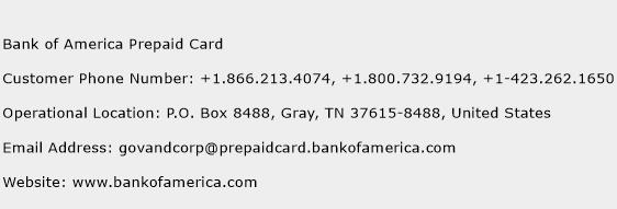 Bank of America Prepaid Card Phone Number Customer Service