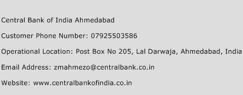 Central Bank of India Ahmedabad Phone Number Customer Service