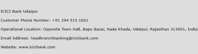 ICICI Bank Udaipur Phone Number Customer Service