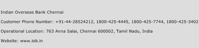 Indian Overseas Bank Chennai Phone Number Customer Service