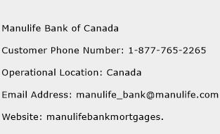 Manulife Bank of Canada Phone Number Customer Service