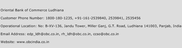 Oriental Bank of Commerce Ludhiana Phone Number Customer Service