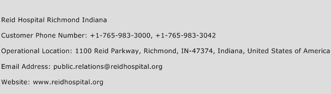 Reid Hospital Richmond Indiana Phone Number Customer Service