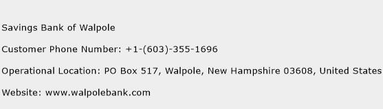 Savings Bank of Walpole Phone Number Customer Service