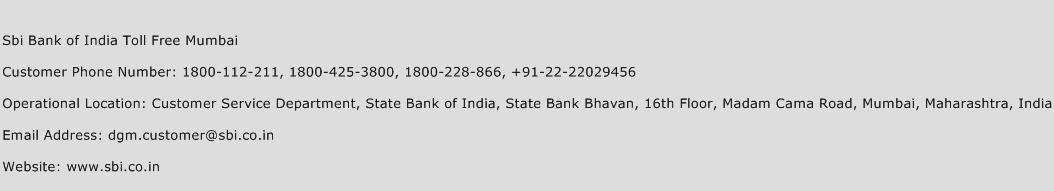 Sbi Bank of India Toll Free Mumbai Phone Number Customer Service