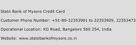 State Bank of Mysore Credit Card Phone Number Customer Service