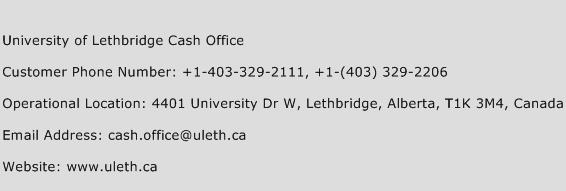 University of Lethbridge Cash Office Phone Number Customer Service