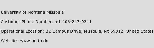 University of Montana Missoula Phone Number Customer Service