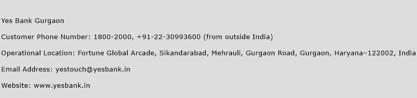 Yes Bank Gurgaon Phone Number Customer Service